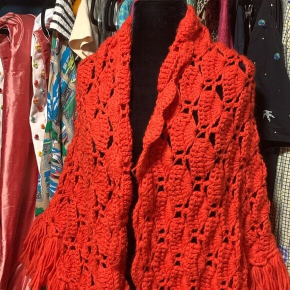 Orange Red Crochet Knit Fringe Shawl Sweater Blanket Wrap Cape One Size - Picture 7 of 7